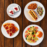 Four Great Value white disposable plates showing different meals: pizza, pasta, hot dog with sides, and dessert on wooden surface