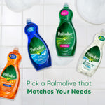 Four different Palmolive dish soap bottles displayed on a tiled surface with text 'Pick a Palmolive that matches your needs'