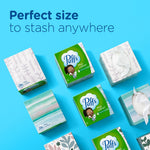Multiple Puffs Plus Lotion cube tissue boxes arranged on a blue background with text 'Perfect size to stash anywhere'