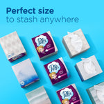 Assorted Puffs Ultra Soft cube designs arranged on a blue background with headline about perfect size to stash anywhere
