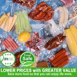 Multiple vacuum-sealed food items spread on a surface with BPA-free and food safe icons and promotional text strip