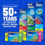 Graphic showing multiple Ziploc product boxes with '50+ years of trusted Ziploc brand protection' text