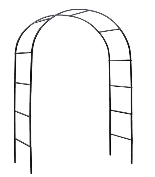 Simple black metal garden arch trellis with ladder-style side supports on white background