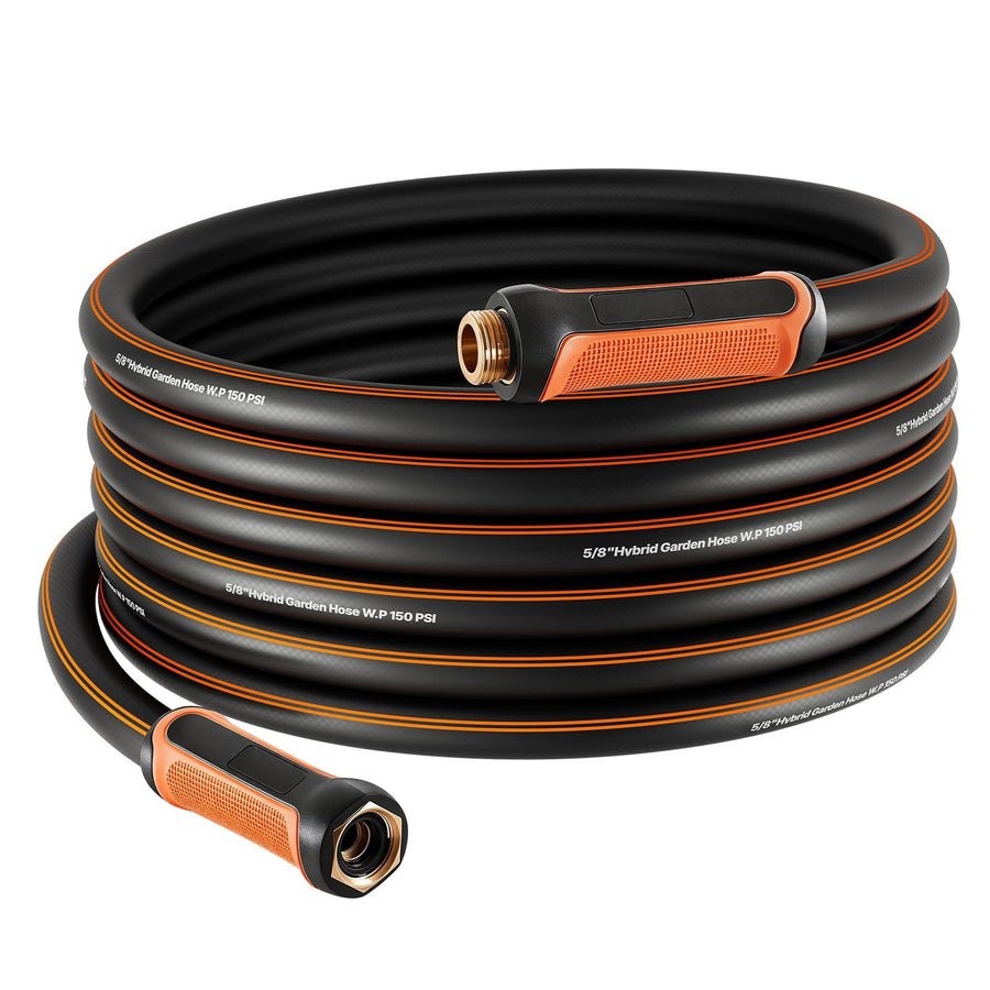 Coiled black and orange garden hose with brass connectors and textured orange grip, shown in a neat stacked loop.
