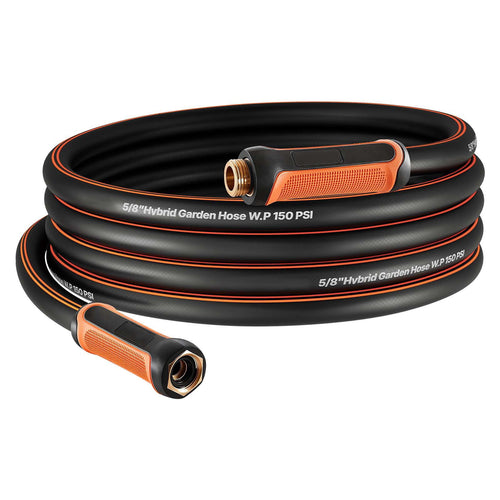 Coiled black and orange garden hose with textured orange connectors and printed 5/8" marking