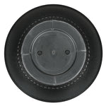 Bottom view of a black resin planter showing molded base and screw inserts