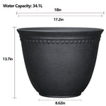 Black Asti-style planter with dimension callouts and water capacity text over white background
