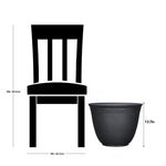 Silhouette chair size comparison graphic showing an 18-inch-wide black Asti planter and height measurements
