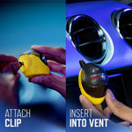 Split image showing hands attaching the yellow helmet vent clip and inserting it into a car vent with text 'ATTACH CLIP / INSERT INTO VENT'.