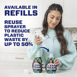 Woman removing sprayer to attach to a refill bottle with text about refills reducing plastic waste