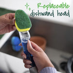 Close-up of hands attaching a replaceable green-and-yellow dishwand head onto a clear handle, with overlay text.