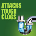 Illustration of a P-trap with swirling water and text that reads attacks tough clogs