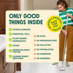 Graphic panel listing product benefits next to a person mopping, with Aunt Fannie’s hypoallergenic badge visible