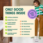 Graphic panel listing product benefits beside a person mopping, Aunt Fannie’s hypoallergenic badge visible
