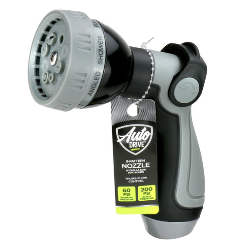 Gray and black Auto Drive 8-pattern hose nozzle with product hang tag attached