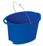Blue oval plastic bucket with metal bail handle and plastic grip, shown at a slight angle
