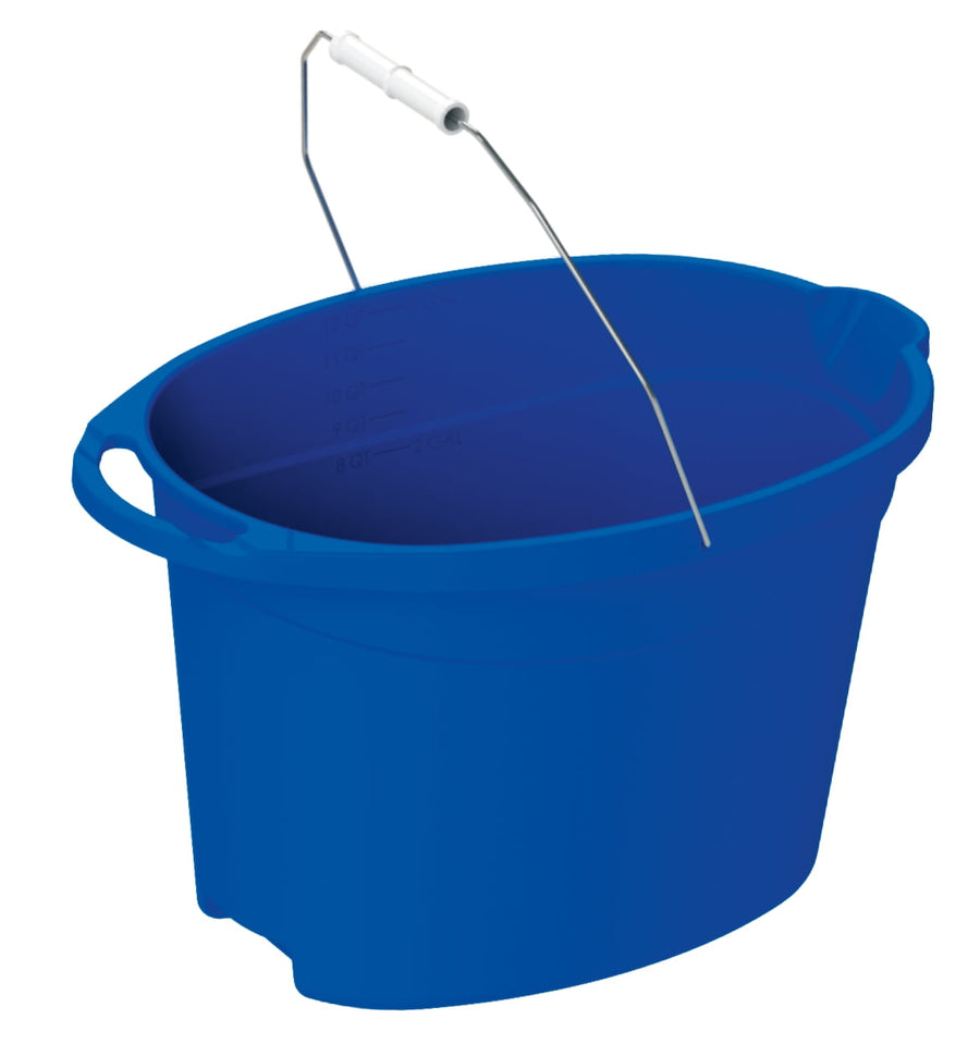 Blue oval plastic bucket with metal bail handle and plastic grip, shown at a slight angle