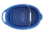 Top-down view of a blue oval bucket showing textured bottom with raised grooves and metal handle