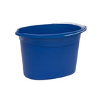 Simple blue oval plastic bucket with metal handle and molded rim, shown on white background