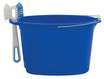 Blue oval plastic bucket with metal handle and hanging scrub brush attached to rim