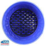 Overhead image of a blue wash bucket interior with a black oval-holed grit screen fitted at the base