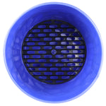 Top-down view into a blue plastic bucket showing a black slotted grit guard seated at the bottom