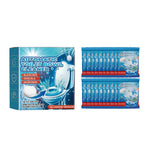 Boxed automatic toilet bowl cleaner packaging displayed next to two rows of individually wrapped tablets