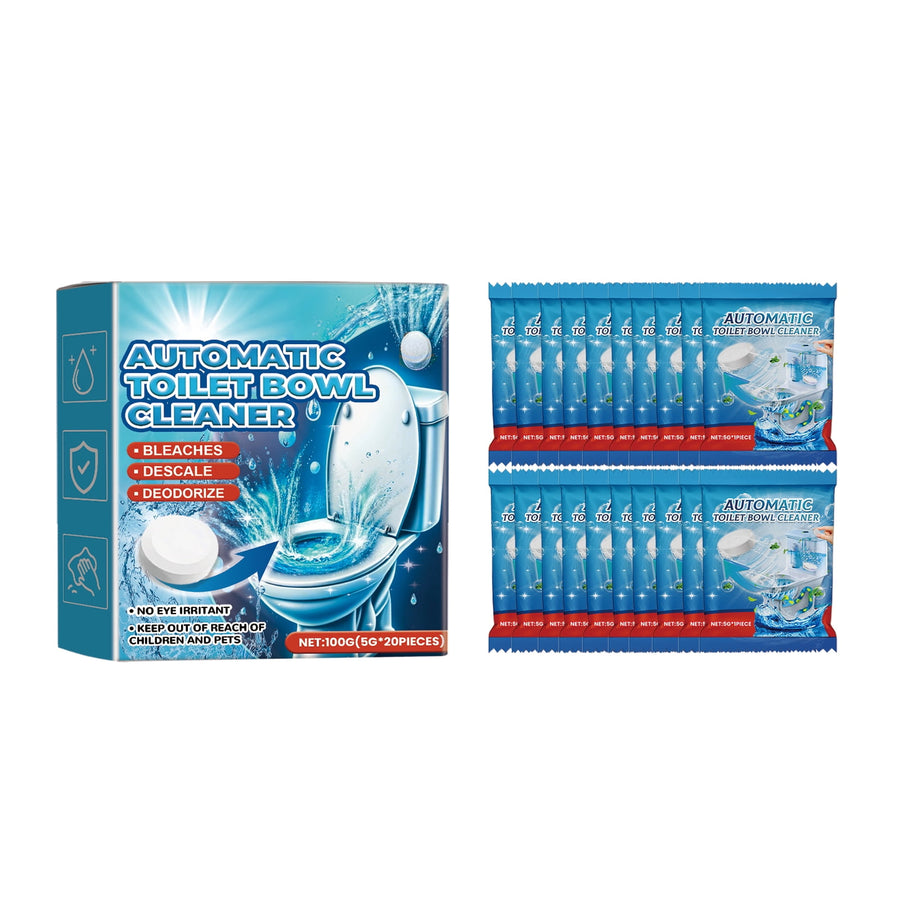 Boxed automatic toilet bowl cleaner packaging displayed next to two rows of individually wrapped tablets