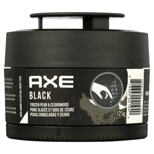 Close-up front view of an AXE Black gel can car air freshener jar labeled Frozen Pear & Cedarwood, 125 g.