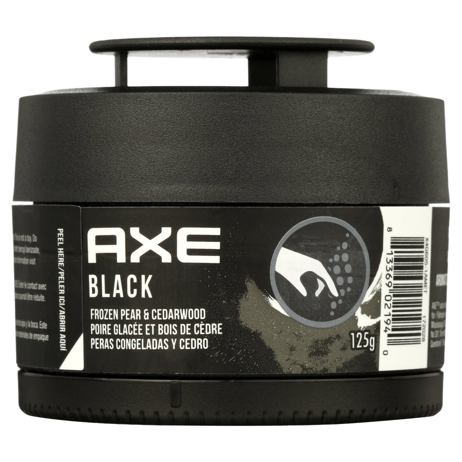 Close-up front view of an AXE Black gel can car air freshener jar labeled Frozen Pear & Cedarwood, 125 g.