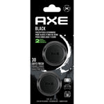 Front view of AXE Black mini vent clip retail card with two black circular air freshener clips visible through blister pack