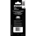 Back of AXE Black mini vent clip package with product information, barcode and usage graphic on black background