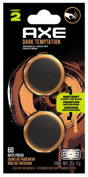AXE Dark Temptation twin vent-clip car air freshener retail card with two round black and bronze clips