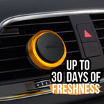 AXE Dark Temptation circular vent clip attached to a car air vent with overlay text advertising up to 30 days freshness