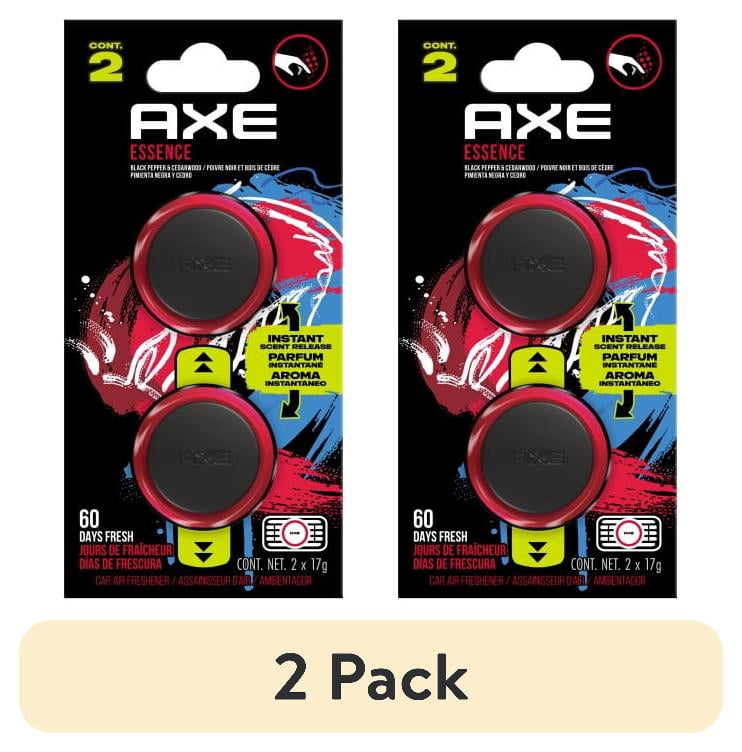 Two AXE Essence mini vent-clip packages side-by-side showing red-black circular clips and colorful splash graphics
