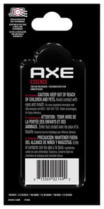 Back of AXE Essence vent-clip package showing caution text, barcode, and product information panel