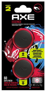 AXE Essence blister pack with two red-ringed circular vent clips and graphic text calling out instant scent release