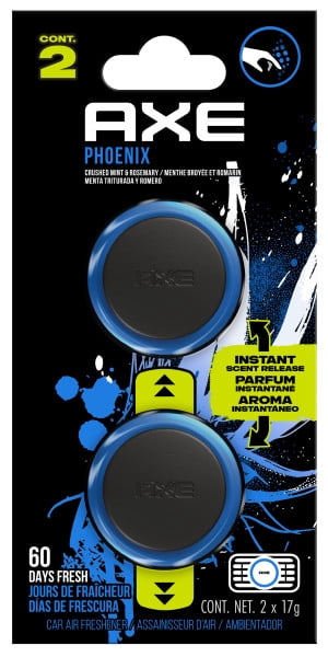 Retail blister pack of two AXE Phoenix mini vent clip air fresheners with blue accents and branding visible