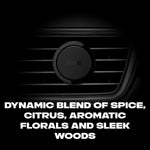 Black AXE circular vent clip centered on a car vent with bold text describing scent notes beneath