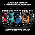Promotional lineup of AXE vent-clip fragrance packages in multiple colors with headline available in many authentic fragrances