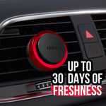 Close-up of AXE red vent clip attached to a car air vent with overlay text advertising up to 30 days of freshness