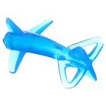 Angled studio image of a translucent blue shark-shaped infant toothbrush showing fins and tail