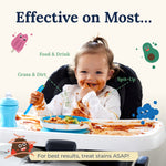 Messy baby at a highchair with sauce-covered tray and text listing stains the product is effective on