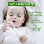 Baby holding a white Jack N' Jill Tickle Tooth toothbrush with on-image text calling out timer, LED inspection light and pulse reminder