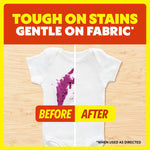 Split baby onesie showing purple stain on left and clean white fabric on right with ‘Tough on stains gentle on fabric’ header