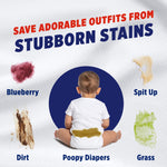Graphic showing baby from behind with stain examples labeled blueberry, dirt, poopy diapers, spit up and grass