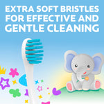 White baby toothbrush with blue extra-soft bristles and an illustrated elephant on the handle, shown with playful colorful graphics