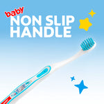 Angled view of a white baby toothbrush showing non-slip handle and blue bristles with 'non slip handle' text on a blue background