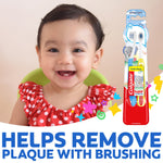 Smiling baby next to Colgate baby toothbrush value pack graphic showing two extra-soft toothbrushes