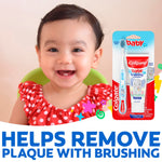 Smiling baby seated next to Colgate baby training toothpaste and toothbrush pack, colorful decorative stars and product callout text